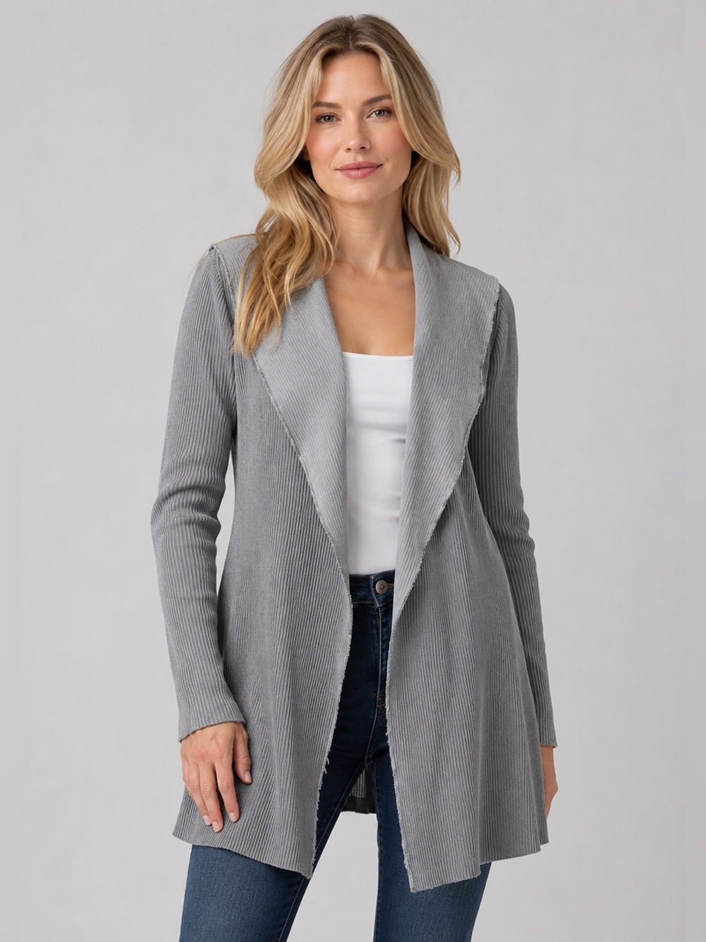 Cut loose Raw Hem Ribbed Open Front Cardigan Jacket Grey Small Lagenlook
